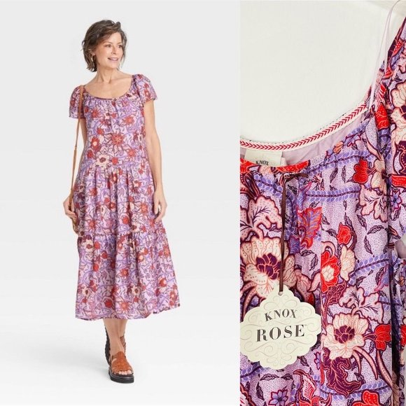 Knox Rose Women's Dress Medium Purple Short Sleeve Floral Print Midi Ruffle New - Picture 1 of 12